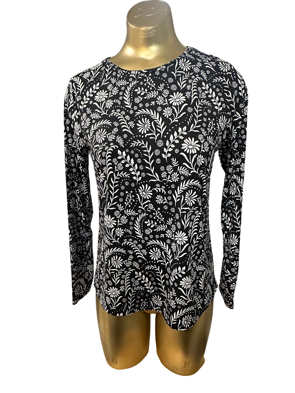 Lands End Women’s Rash Guard Swim Shirt Black & White Floral - Small